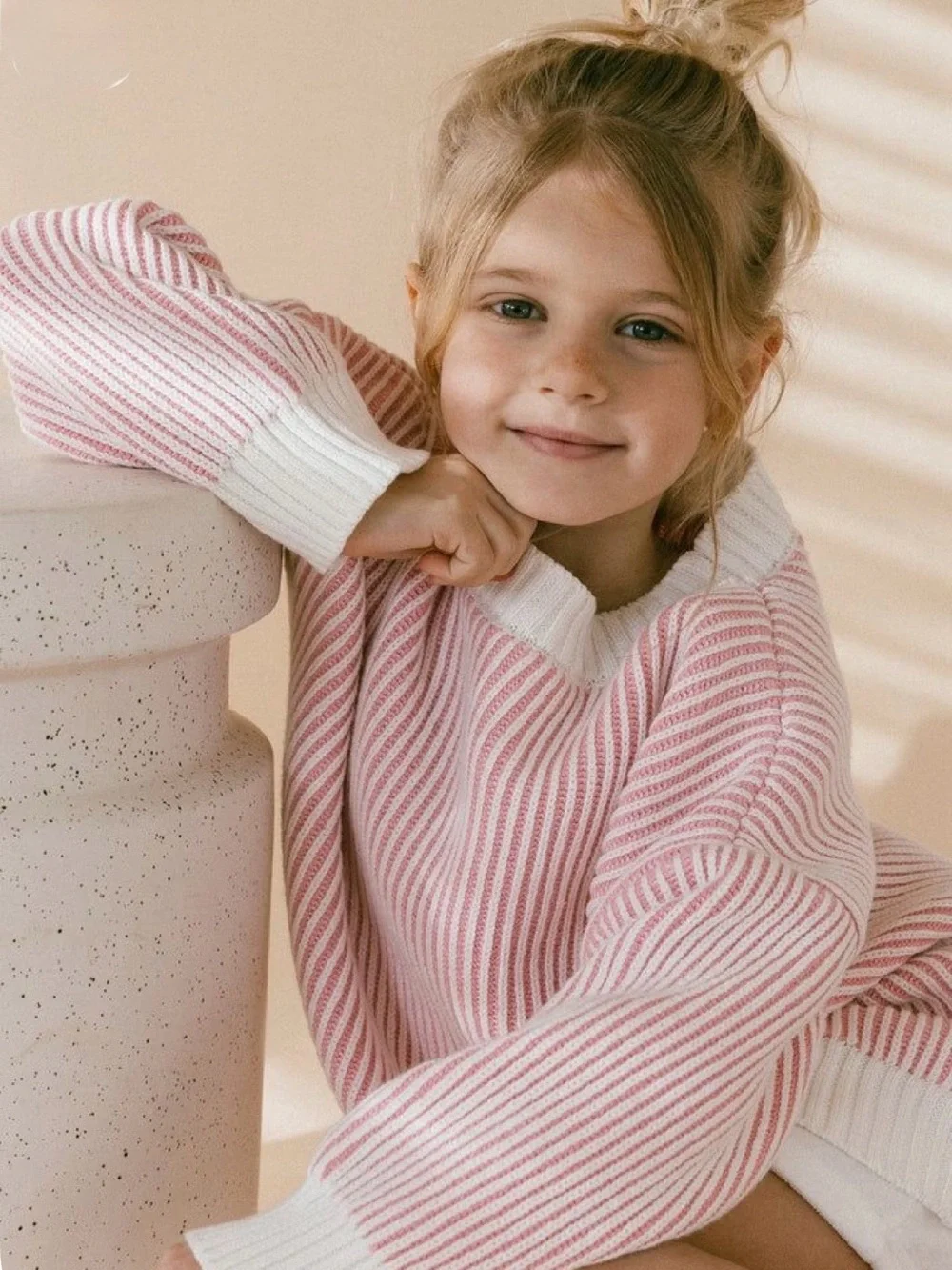 NEW!! Girls' Pink & White Striped V‑Neck Knit Sweater
